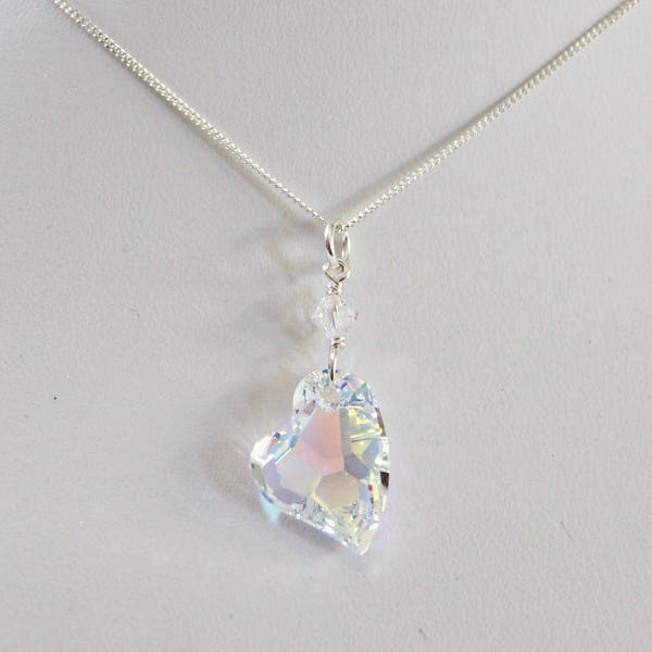 Swarovski Heart Pendant Necklace, Iridescent Heart, Valentine Gift For Wife, 15th Anniversary For Wife, Teen Niece Gift,Clear Crystal Heart