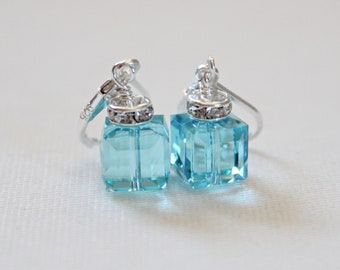 Turquoise Swarovski Crystal Earrings: Dangly Handmade Crystal Jewelry, Teal Bridesmaid Jewelry, Light Teal Cube Earrings