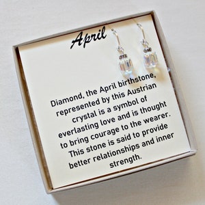 Swarovski April Birthstone, Silver, Crystal Cube Earrings, Sister 50th, Unique Birthday Gifts For Her, Clear Crystal, April Birthday Jewelry