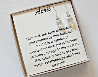 Swarovski April Birthstone, Silver, Crystal Cube Earrings, Sister 50th, Unique Birthday Gifts For Her, Clear Crystal, April Birthday Jewelry