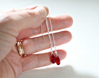 Siam Red Swarovski Crystal Sterling Silver Threader Earrings: Long Dangles