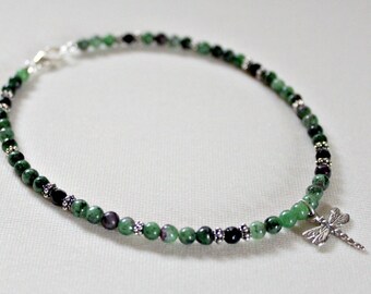 Ruby Zoisite Anklet, Dragonfly Jewelry, Sterling Silver Anklet, Mothers Day Gift, Graduation Gift For Girl, Green Stone Ankle Bracelet