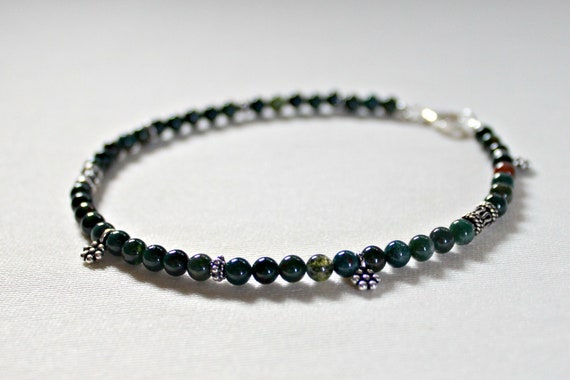 Bloodstone Anklet, Small Beaded Sterling Silver Anklet, Unique Mothers Day Gift,Healing Stone Ankle Bracelet,March Birthstone Gift For Women