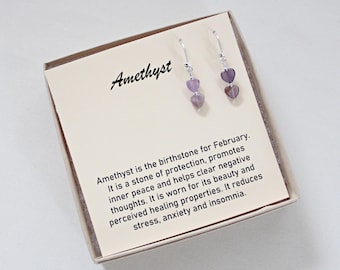 Amethyst Heart Sterling Silver Earrings: February Birthstone Jewelry, Hypoallergenic