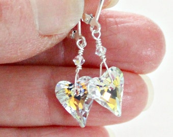Swarovski Crystal Heart Earrings: Sterling Silver Lever Backs, Valentine Gift, Wife 15th Anniversary Gift