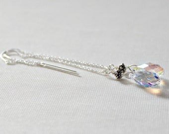 Swarovski Aurora Borealis Briolette, Sterling Threader Ohrringe, Muttertagsgeschenk für sie, jetzt im Trend, zierlich, April Birthstone, schillernd