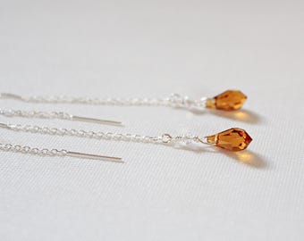 Topaz November Birthstone Earrings: Swarovski Teardrops, 925 Sterling Silver Threaders