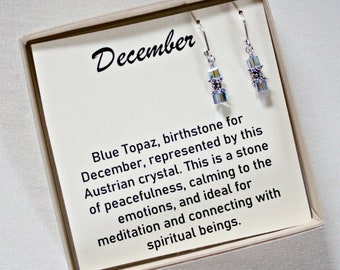 December Birthstone Earrings, 50th Birthday Gift For Friend, Blue Topaz Earrings, Swarovski Cube Earrings, Unique Birthday Gifts For Her