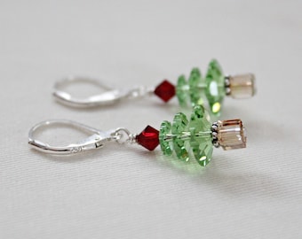 Christmas Jewelry For Women, Light Green Crystal Christmas Tree, Swarovski Christmas Tree Earrings, Christmas Gift For Friend, Coworker Gift