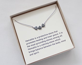 Hematite Heart Necklace, Valentine Gift Under 20, Three Heart Necklace, Mothers Day Present For Her, Tiny Heart Necklace,Dainty Gem Necklace