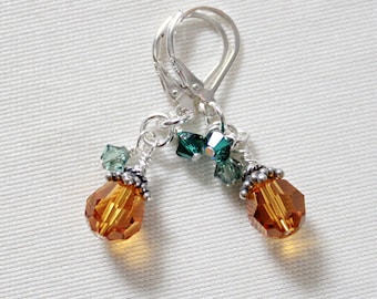 Crystal Pumpkin Earrings: 925 Sterling Silver, Swarovski Seasonal Dangles, Autumn Jewelry, Thanksgiving Earrings