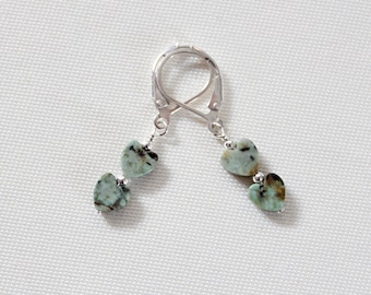 African Turquoise Heart Sterling Silver Earrings, Unique Valentine Jewelry For Women