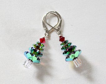 Swarovski Crystal Christmas Tree Earrings, 4 Tier, Handcrafted 925 Sterling Silver Jewelry