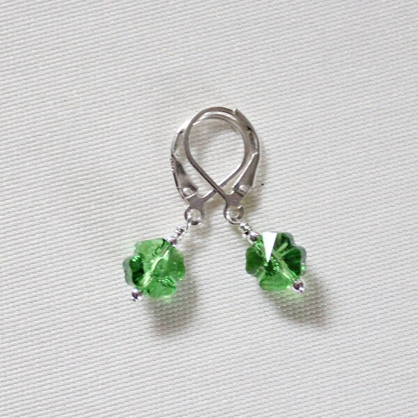 Swarovski Shamrock Earrings, St Patrick's Gift, Sterling Shamrock Jewelry, Handcrafted Earrings, Fern Green Shamrock, St Paddys Day Earrings