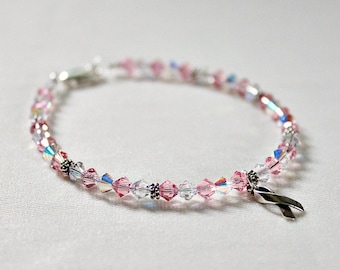 Swarovski Breast Cancer Awareness Bracelet: Sterling Silver Ribbon Charm, Pink Cancer Jewelry