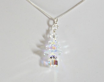 Crystal AB Swarovski Christmas Tree Necklace: Sterling Silver Holiday Jewelry, Teen Girl Stocking Stuffer