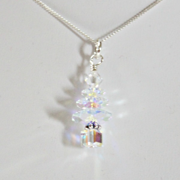 Crystal AB Swarovski Christmas Tree Necklace, Holiday Jewelry, Clear Tree Pendant, Christmas Gifts For Coworkers, Stocking Stuffers For Her