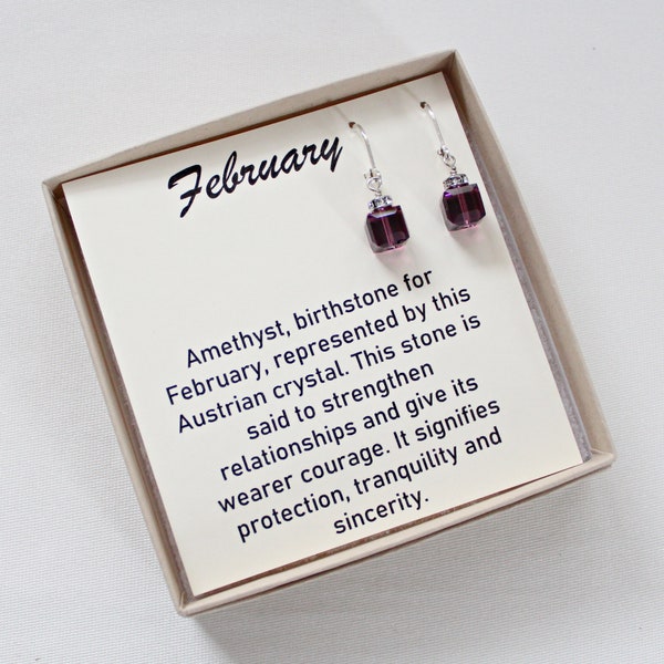 February Birthstone Earrings, February Birthday For Her, Amethyst Earrings, Swarovski Crystal Cubes, Gifts For Her Under 25, Purple Earrings