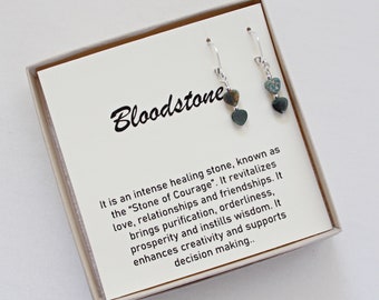 Bloodstone Heart Earrings: Sterling Silver March Birthstone Jewelry