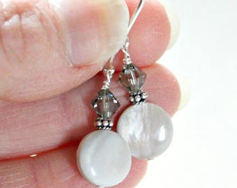 Mother of Pearl Earrings: Sterling Silver, Swarovski Crystal, Gift for Mom, Mothers Day Gift
