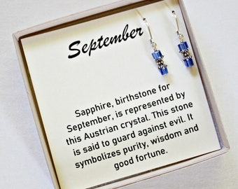 Pendientes de plata de ley con cristal Swarovski de zafiro, joyería con la piedra natal de septiembre