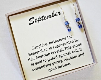 Sapphire Crystal Cube Earring, Blue Earrings Dangle, September Birthstone, Royal Blue, 40th Birthday Gift For Women, Dark Blue Swarovski