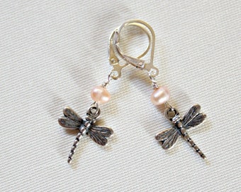Sterling Silver Dragonfly Earrings, Peach Pearl Dangles, Christmas Gift For Mom