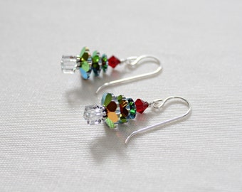 Swarovski Christmas Tree Earrings, Light Green Crystal, Silver