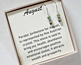 Peridot Earrings, August Birthstone Swarovski Cube Earrings, Unique Birthday Gifts For Her, 50th August Birthday, August Jewelry Gift