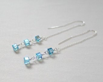 Aquamarine Swarovski Threaders, Baby Blue Bridesmaid,March Birthstone,Light Blue Prom Earrings,Mothers Day For Daughter,Long Dangle Earrings