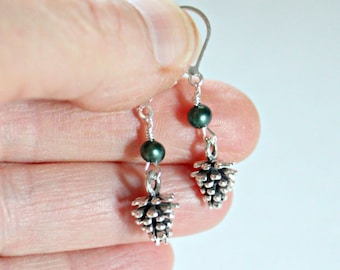 Sterling Silver Pine Cone Earrings: Pearl Accent, Nature Jewelry, Rustic Wedding Jewelry