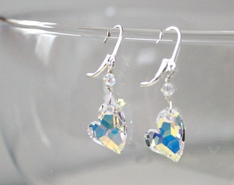 Swarovski Crystal Heart Earrings: Sterling Silver Valentine's Gift, 15th Anniversary Gift For Wife, Hypoallergenic Jewelry