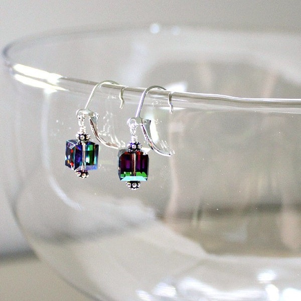 Crystal Vitrial Swarovski Cube Earrings, Lever Back Earrings, Mothers Day From Son, Iridescent Earrings,Stepmom Mothers Day Gift, 925 Silver