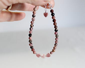 Rhodonite Heart Sterling Silver Bracelet: Adjustable Size, Handcrafted Jewelry