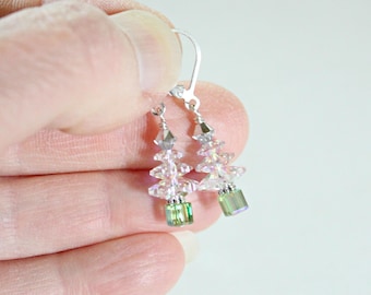 Swarovski Christmas Tree Earrings, Sterling Silver Lever Backs, Peridot Birthstone