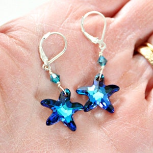 Swarovski Crystal Starfish Earrings, Peacock Royal Blue Earrings, Dark Blue Prom Earrings, 50th Birthday Gift For Women,Sons Girlfriend Gift