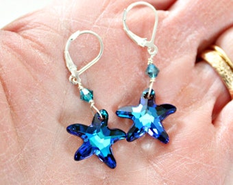 Swarovski Crystal Starfish Earrings, Peacock Royal Blue Earrings, Dark Blue Prom Earrings, 50th Birthday Gift For Women,Mothers Day For Wife