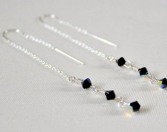 Jet AB Black Swarovski Crystal Threader Earrings: Sterling Silver Dangle Earrings, Small Crystals