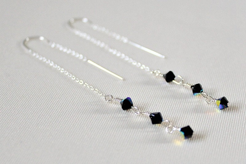 Jet AB Black Swarovski Crystal Threader Earrings: Sterling Silver Dangle Earrings, Small Crystals