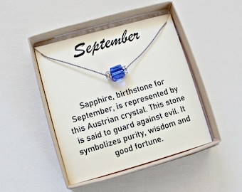 September Birthstone Necklace: Sapphire Swarovski Crystal, Silk Cord