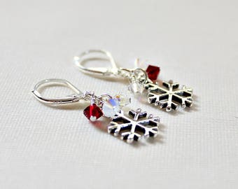 Sterling Silver Snowflake Earrings: Crystal Accent Winter Jewelry, January Birthstone