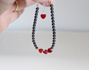 Karneol Herz Sterling Silber Armband, Kleines Hämatit Armband, Juli Birthstone Schmuck, Muttertagsgeschenk für sie, Weihnachtsgeschenk für Freunde