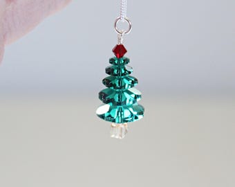 Dark Green Swarovski Crystal Christmas Tree Necklace, Large Sterling Silver Holiday Pendant