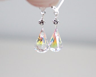 Iridescent Crystal AB Swarovski Prism Earrings, Sterling Silver Leverbacks, Faceted Crystal Jewelry