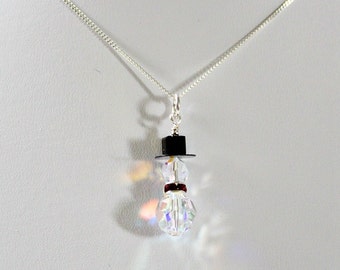 Swarovski Crystal Snowman Necklace: Sterling Silver Christmas Pendant, Winter Jewelry