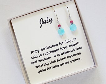 July Birthstone Earrings, Peruvian Blue Opal, Ruby Jewelry, Sweet 16 Gifts For Girl, Unique Ruby Earrings, 50th July Birthday For Friend