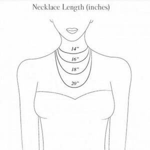 May include: A line drawing of a person wearing a necklace with different lengths marked in inches. The lengths are 14 inches, 16 inches, 18 inches, and 20 inches.