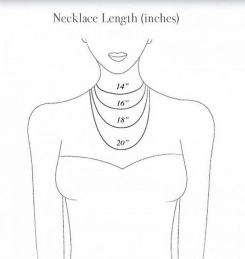 May include: A line drawing of a person wearing a necklace with different lengths marked in inches. The lengths are 14 inches, 16 inches, 18 inches, and 20 inches.