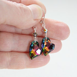 Iridescent Heart Earrings, Valentine Gift For Her, Vitrail Medium Swarovski, Rainbow Heart, Asymmetrical Hearts, Color Changing Jewelry