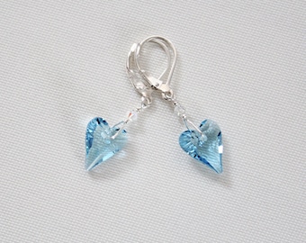 Aquamarine Swarovski Crystal Heart Earrings: March Birthstone Jewelry, Valentine Gift